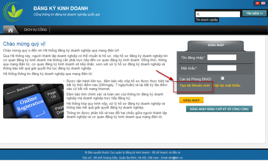 Hướng dẫn tạo tài khoản đăng ký kinh doanh qua mạng – Việt Luật Hà Nội